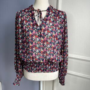Rachel Zoe Floral Clip Dot Smocked Waist Tie Neck Navy Blouse Women's Small